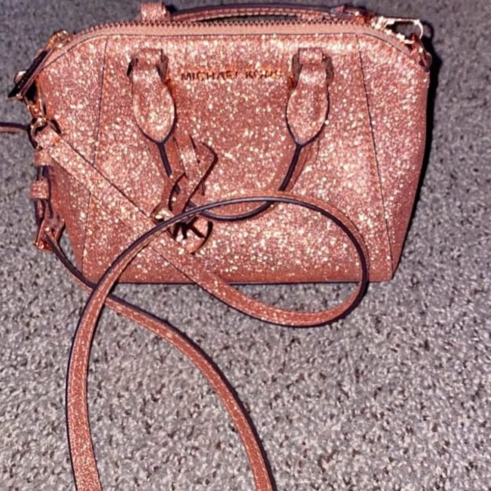 Michael Kors Sparkly Pink w/ Rose Gold Micro Handbag & Matching Card Holder!